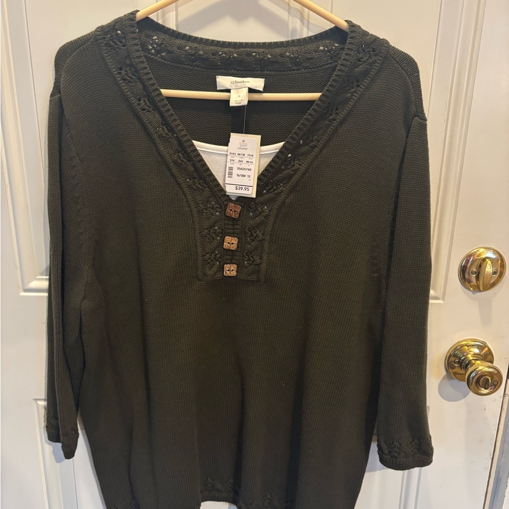 CJ Banks Dark Green Knit Top with Button Accents